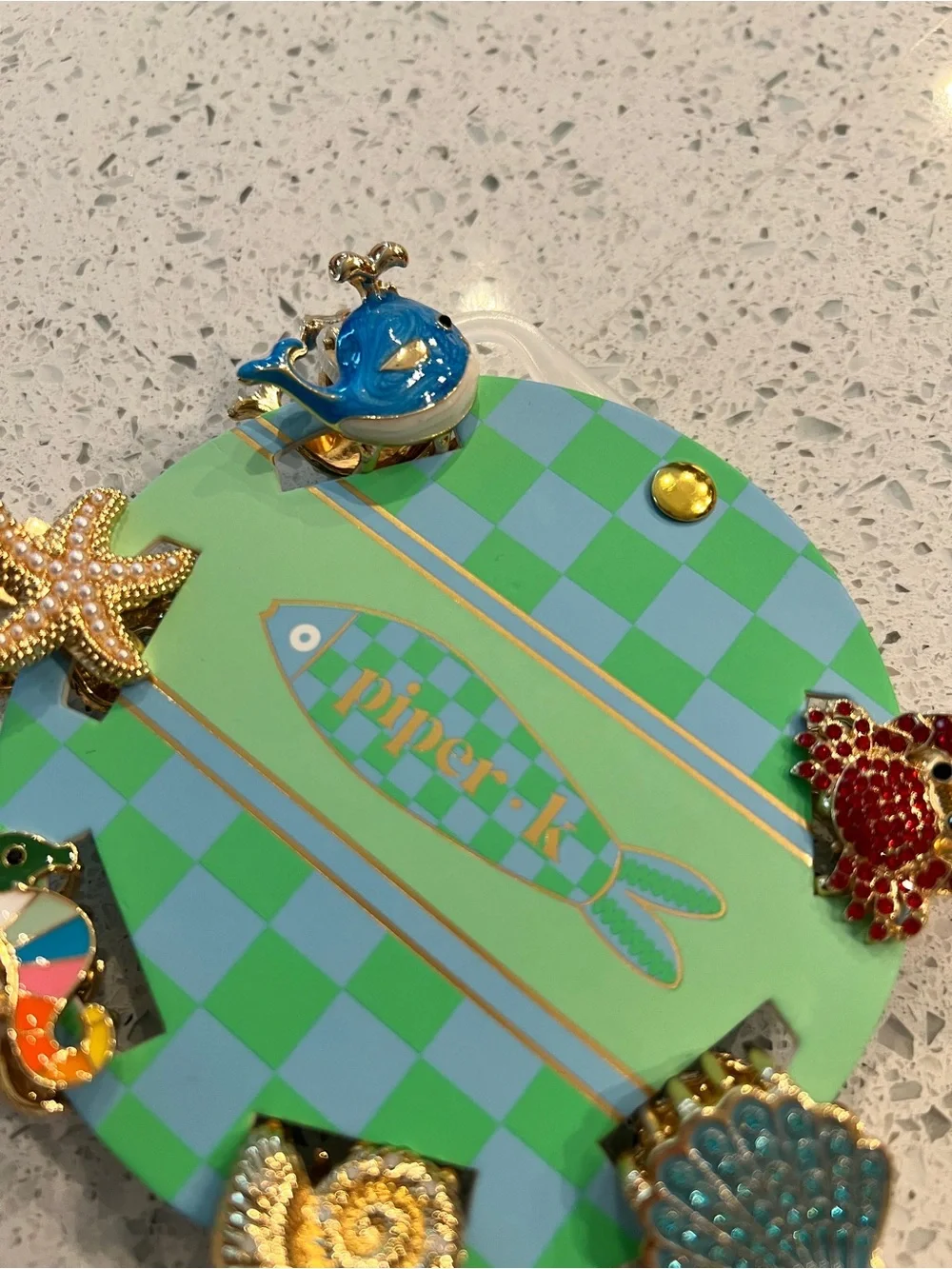 Piper K Sea Life Hair Clip Set - Green & Blue Checkerboard Backing